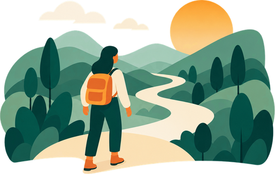 Ilustración de Temala: una persona con mochila recorre un camino entre colinas y pinos, hacia el sol.