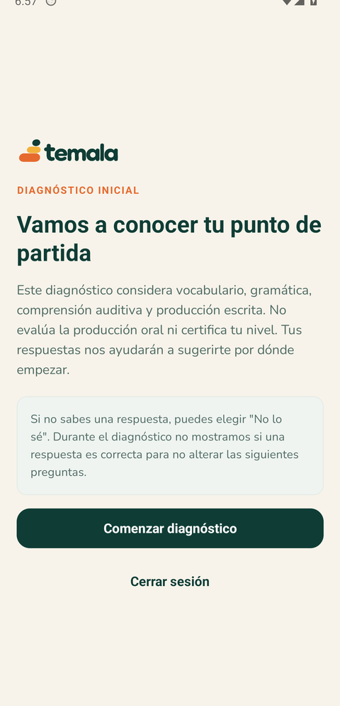 Pantalla real de Temala: diagnóstico inicial, con el título Vamos a conocer tu punto de partida.