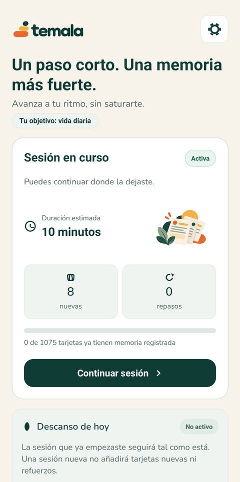Pantalla real de inicio de Temala: sesión en curso, con tarjetas nuevas y repasos.